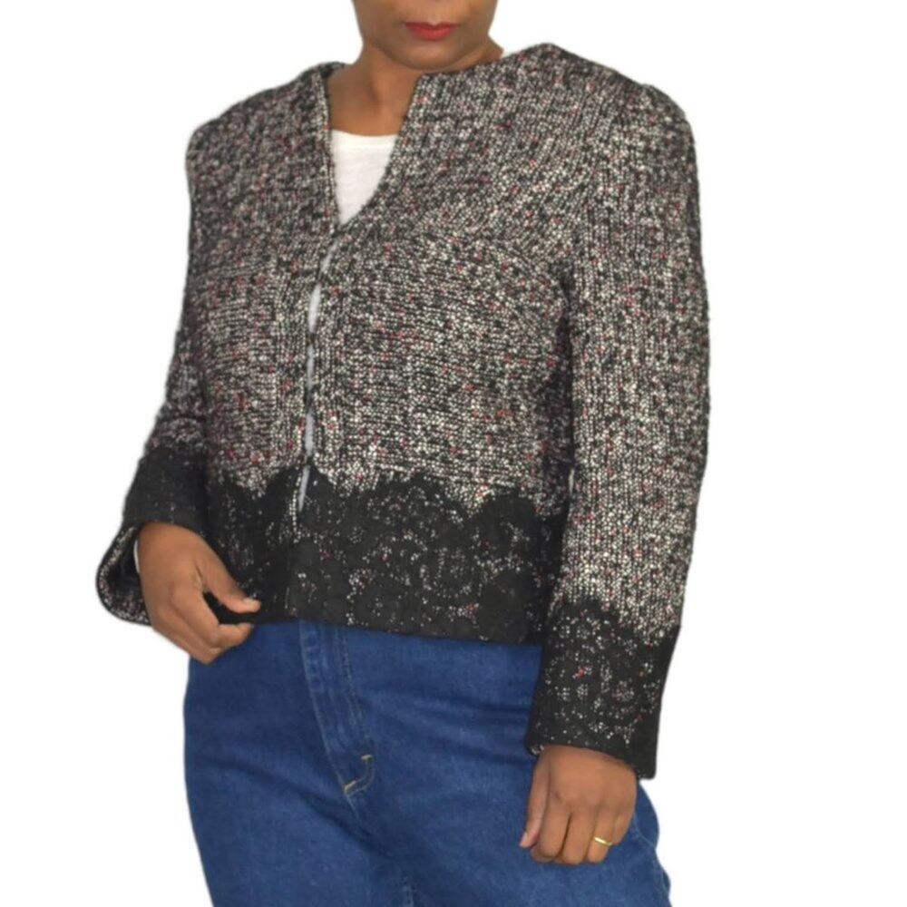 Karen Millen Tweed Jacket Lace Trim Suit Blazer Black Classic Textured Size 10